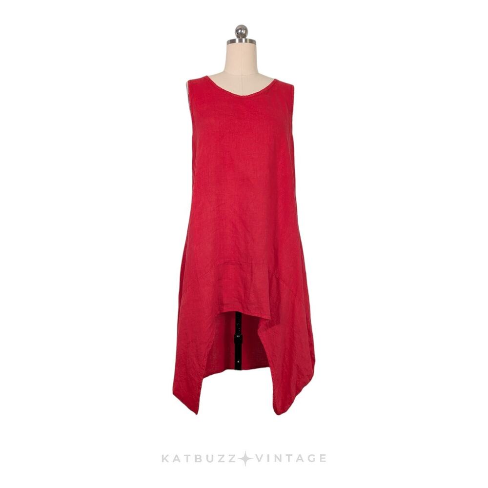 Made In Italy Linen Midi Dress Red Sleeveless High Low Beach Lagenlook Vacation